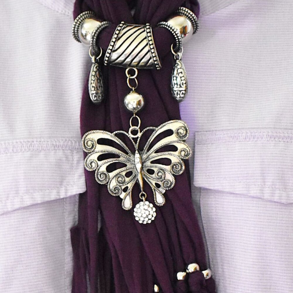 Purple scarf with silver butterfly pendent and sliver accent one size